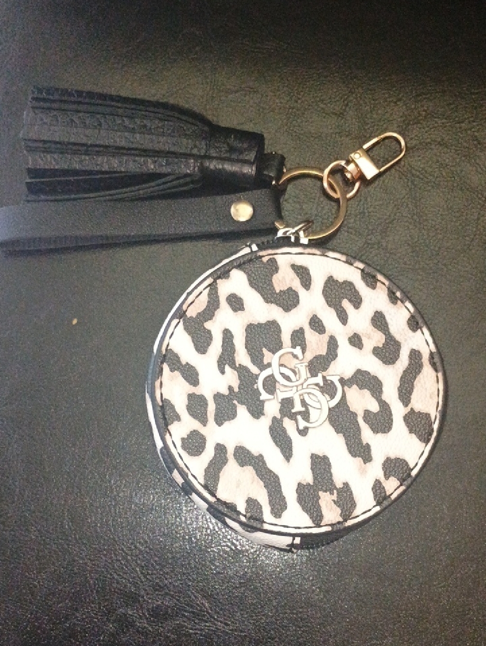 Guess Leopard Print Round Keychain Coin Case with Tassel